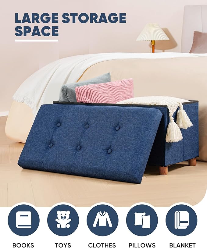 B FSOBEIIALEO Storage Ottoman with Tray, Foot Stools and Ottomans with Legs, Storage Cube Seat Linen Blue 30"
