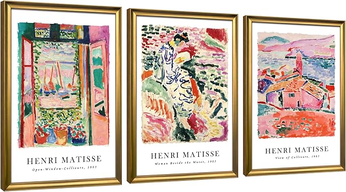 Wieco Art Framed Wall Art 3 Piece Henri Mattise Art Abstract Colorful Matisse Posters Canvas Prints for Wall and Home Office Decorations Bronze Gold Frame