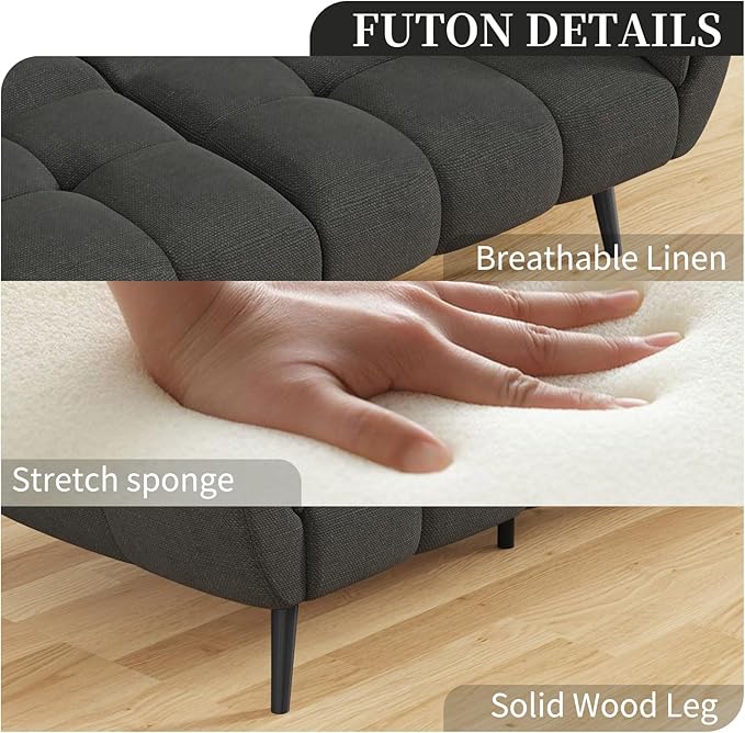Futon Sofa Bed, Convertible 77" Modern Linen Futon Couch, Comfy Sleeper Sofa with Adjustable Backrests, Couch Bed for Small Spaces, Living Room, Bedroom, Apartment, Dark Gray