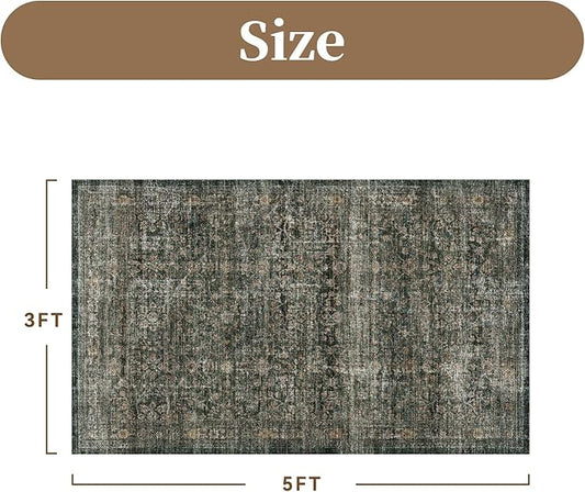 MontVoo-Vintage Area Rug 3x5 Green Rugs for Living Room-Soft Distressed Printed Rugs for Bedroom-Non Slip Carpet-Machine Washable Rug for Dining Room Living Room Bedside Office