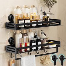 Shower Caddy Suction Cup, 15.8 inch 2 Pack Suction Shower Shelf with Hooks NO-Drilling Bathroom Holder, Rustproof Bathroom Organizer, Black,Includes 2 Extra Suction Cups for Replacement Use