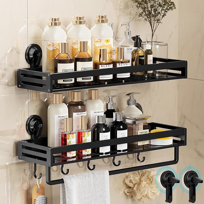 Shower Caddy Suction Cup, 15.8 inch 2 Pack Suction Shower Shelf with Hooks NO-Drilling Bathroom Holder, Rustproof Bathroom Organizer, Black,Includes 2 Extra Suction Cups for Replacement Use