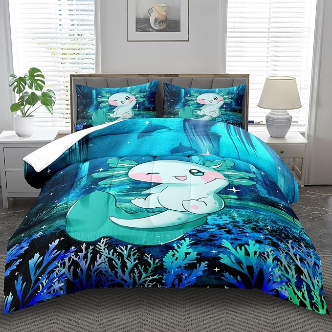 Cute Axolotl Comforter Set Kids Blue Axolotl Bedding Set Boys Girls King Size Kawaii Ocean Animal Print Comforter Boys Girls Ocean Sealife Room Decor Blue Fish Quilt Bedding