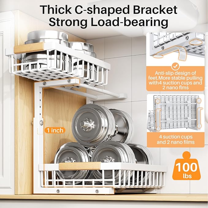 PXRACK 1 Pack Under Sink Organizer,Adjustable Height,2 Tier Pull Out Under Cabinet Organizer,Slide Out Thickened Metal Under Sink Storage for Kitchen Bathroom Laundry Cabinet Pantry,White(L)