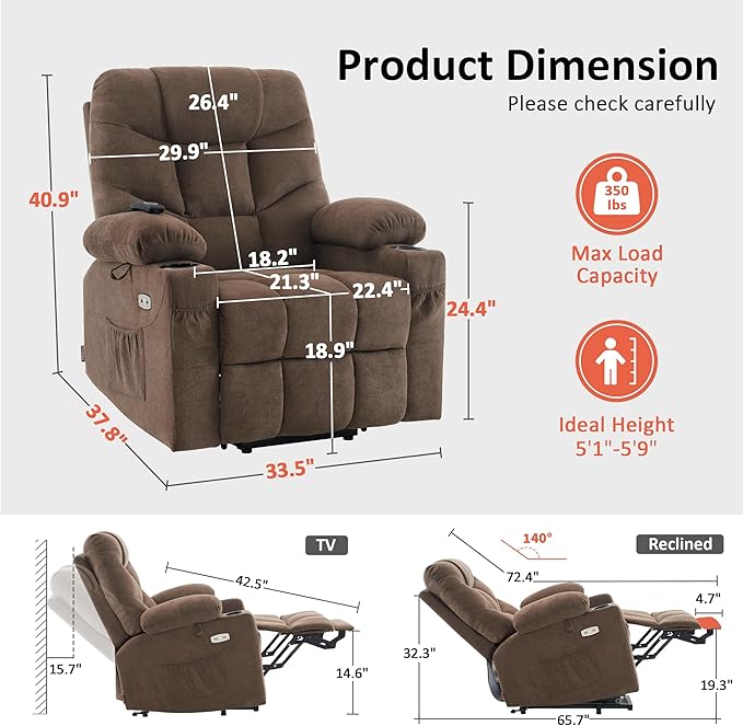 MCombo Power Lift Recliner Chair with Extended Footrest for Elderly People, Fabric 7287/7087 (Brown, Medium)