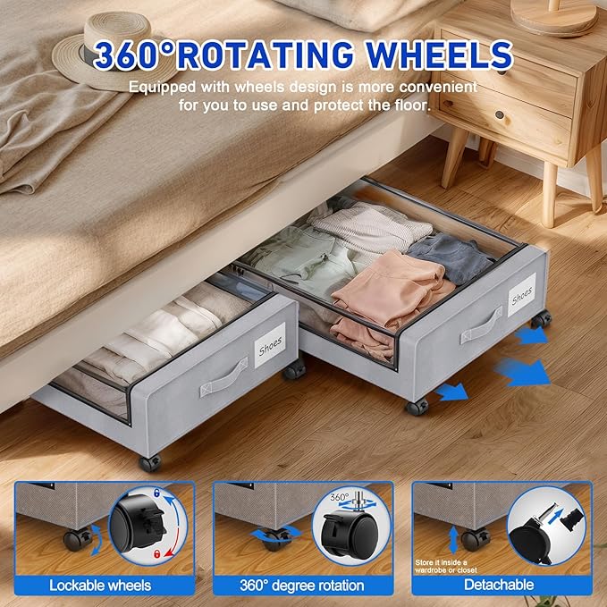 Beborxue Under Bed Storage with Wheels, 4-Pack Underbed Storage Containers with Clear Lids, XXL 60L Under the Bed Storage Organizer Bins, Rolling Under Bed Metal Drawer for Clothes,Shoes,Toys (Gray)