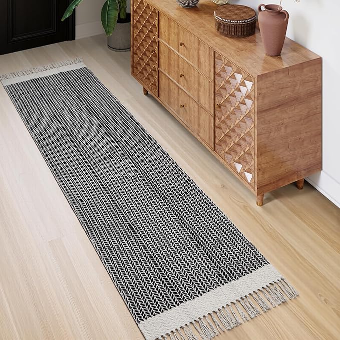 Lahome Boho Kitchen Runner, 2'6''x8 Runners for Hallways Lightweight Bath Mat Woven Washable Runner Rug with Tassels, Farmhouse Non Shedding Black Rug for Bedroom Living Room