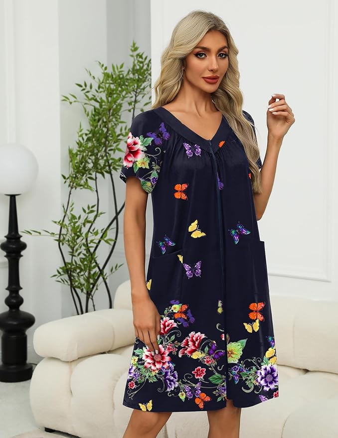 Ekouaer Women Robe Zipper Front Mumu Duster Robes Zip Up Housecoat Soft Sleepwear with Pockets