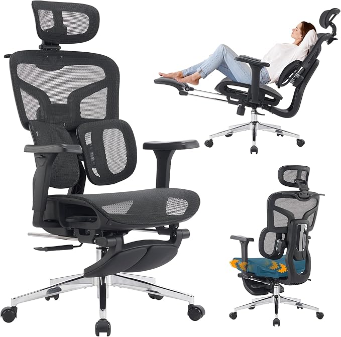 High-Back Ergonomic Mesh Office Chair, Modern Executive Desk Chair with 4D Armrests Computer Task Chair (Black Mesh Dual Lumbar Support)