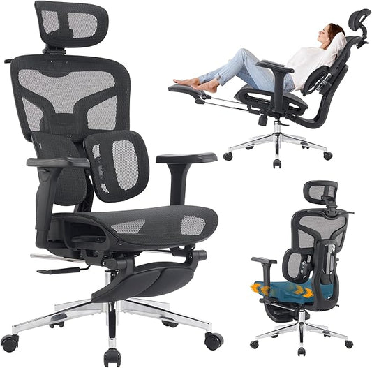 High-Back Ergonomic Mesh Office Chair, Modern Executive Desk Chair with 4D Armrests Computer Task Chair (Black Mesh Dual Lumbar Support)