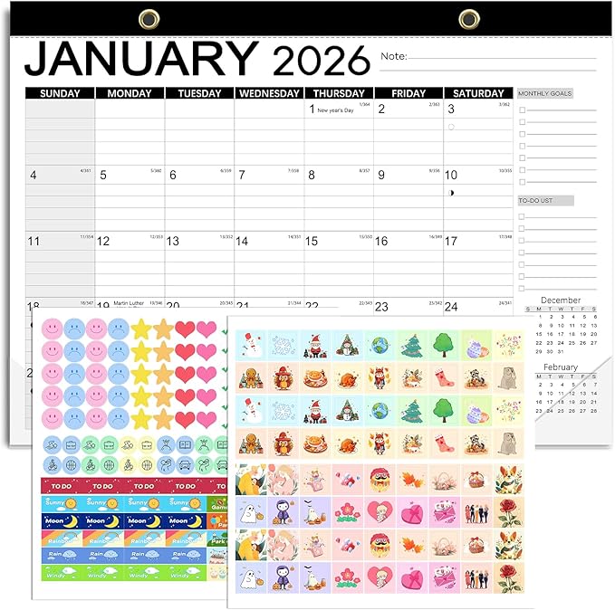 Desk Calendar 2026, Anti Ink Bleed, Transparent Cover, 2026 Desk Calendars 18 Months with Stickers, 17" x 12" Large Desktop Calendar 2026-2027 for Family, Office, Student, Teacher Supplies- Simple