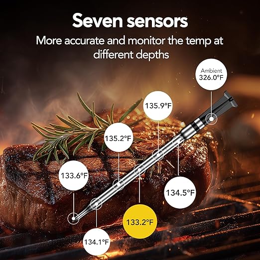 Smart WiFi Wireless Meat Thermometer Unlimited Range 7 NIST Cert.Sensors Accuracy ±0.5°F Sub-1G (10X Stronger Than Bluetooth) APP&Digital Base,Monitor for BBQ, Grill,Oven, Smoker(1, Black, Small)