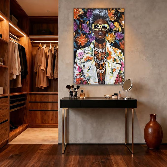 YETHEN WAL Afrocentric Canvas Wall Art – Black Woman Portrait Floral Wall Decor, Chic Modern Art Prints for Living Room, Bedroom, Office Decor, 32×48 Inch