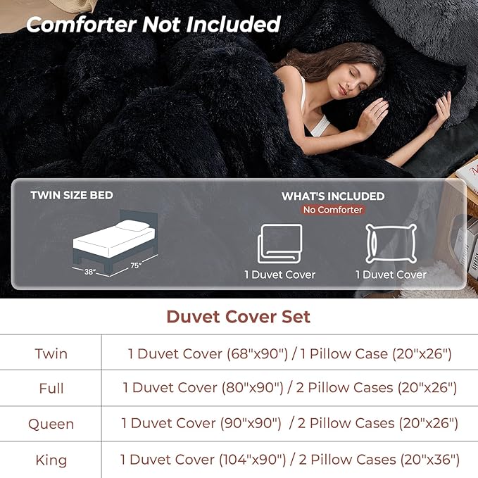 Sasttie 2-Piece Fluffy Duvet Cover Twin/Twin XL, Ultra Soft Faux Fur and Velvet Black Comforter Cover, Luxury Fuzzy Bedding Sets for Winter Bed, Includes 1 Duvet Cover and 1 Pillowcase, No Comforter