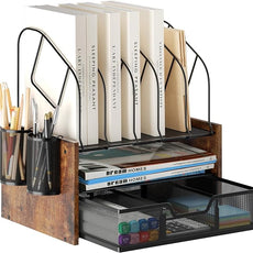 Wood Desk Organizer - 2-Tier Desktop File Organizer with Drawer with Vertical File Holder, Wooden Paper Tray, Office Desk Organzier and Accessories for Papers, Mail, Notebooks, Stationery