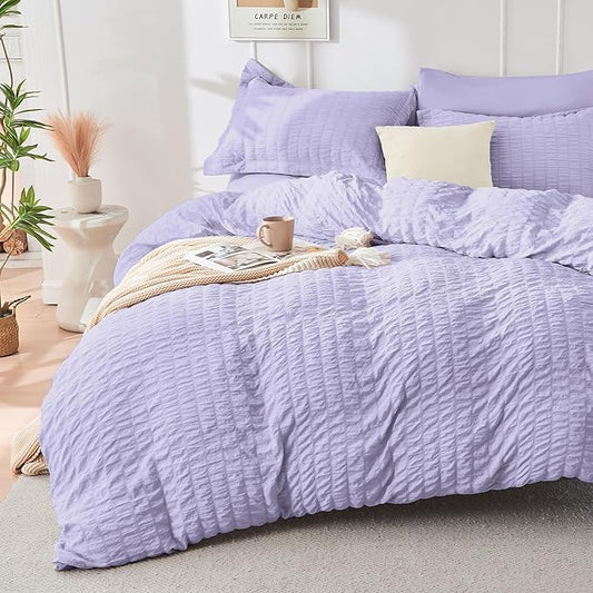 HYMOKEGE Light Purple Twin Comforter Set Seersucker 5 Pieces, All Season Luxury Bed in a Bag for Bedroom, Bedding Set with Comforter, Sheets, Pillowcase & Sham