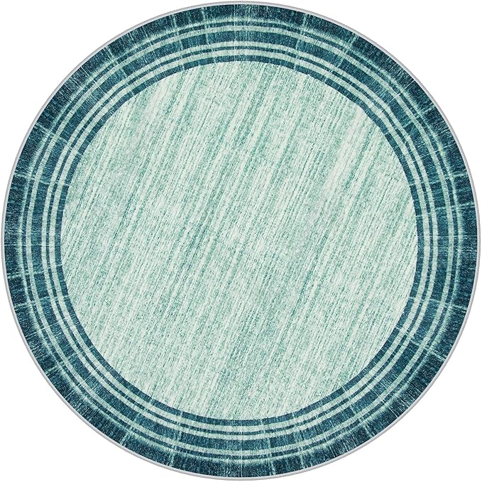 Lahome Abstract Round 4ft Entryway Rug, Washable Teal Entry Rugs Non Slip Circle Kitchen Carpet, Minimalist Border Dining Room Rug Indoor Room Carpet for Under Chair Coffee Table Entrance Mats