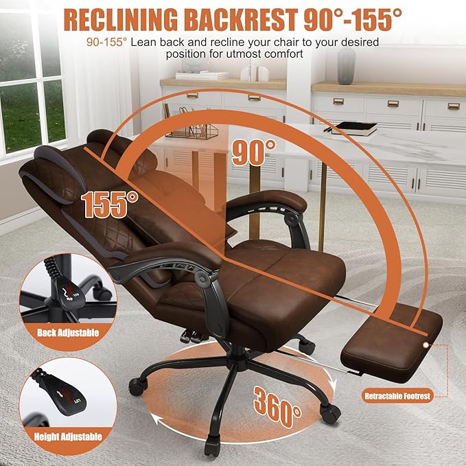 Ergonomic Office Chair with Footrest, 400lbs High Back Executive Home Office Computer Chair with Unique Ear-Shape Headrest for Neck Support,Coffee Leather Office Chairs for Home Office Work