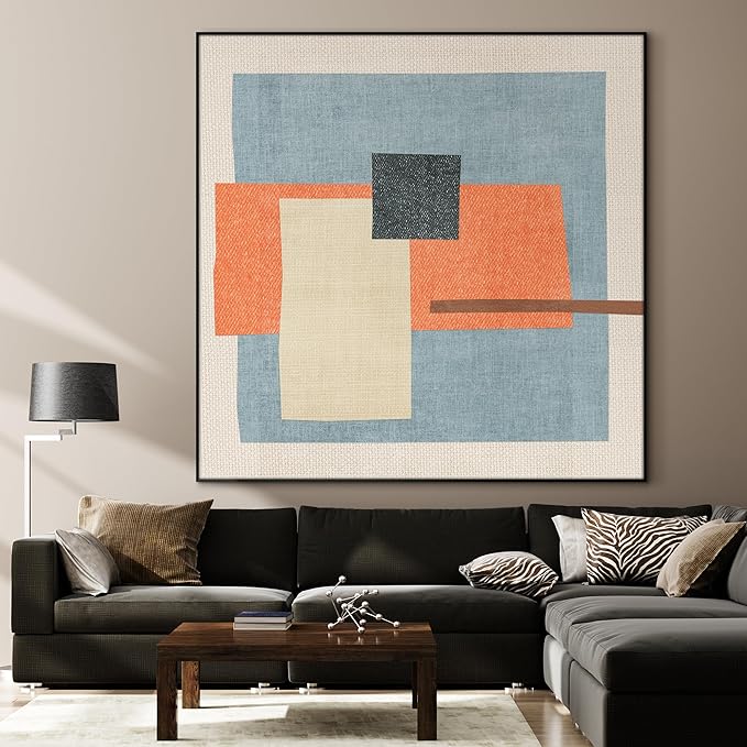 72"x72" XL Framed Wall Art - Color Block in Orange, Blue & Cream (Frame Assembly Required)