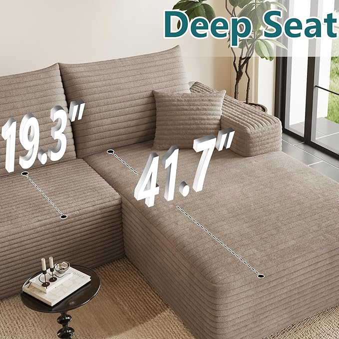 95" Modular Sectional Couch, Boneless L Shaped Cloud Sofa with Chaise Lounge, Corduroy Upholstered Couches Memory Foam Deep Seat, No Assembly Required, Ideal for Living Room(Camel, Right Facing)