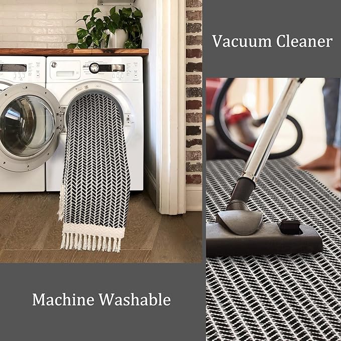 Lahome Boho Rugs for Entryway, 2x5 Laundry Room Rug Lightweigh Cotton Washable Runner Rug with Tassels, Farmhouse Black Bath Door Mats Indoor Non Shedding Runners for Hallways Bedroom