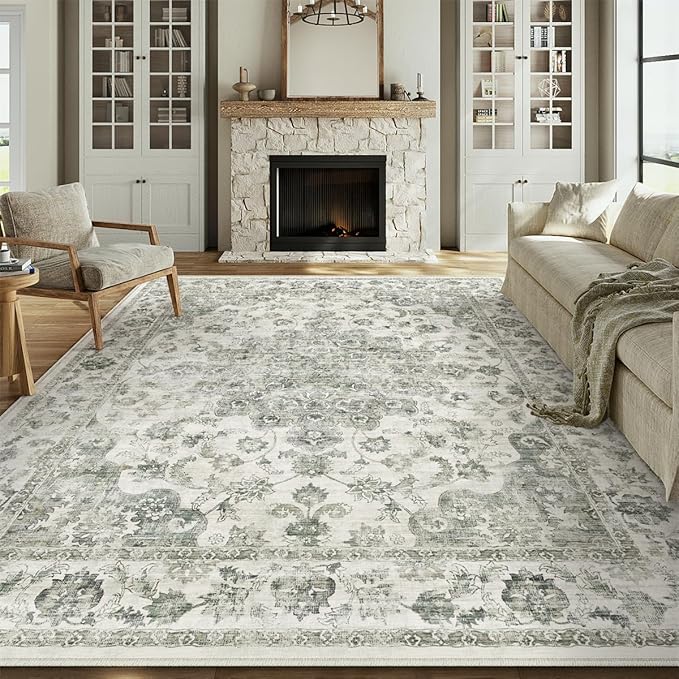 9x12 Neutral Area Rug Green Vintage Living Room Bedroom Washable Carpet Non-Slip Soft Low Pile Floral Indoor Large Throw Rug for Dining Room Office