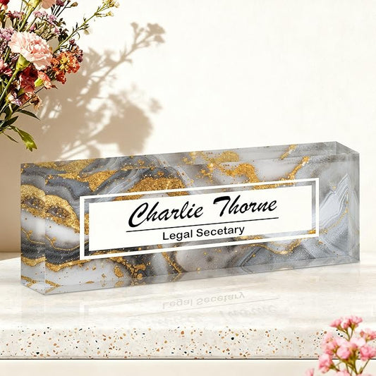 Ship Next Day-Custom Name Plate for Desk, Desk Name Plate Personalized, Acrylic Office Desk Accessories, Appreciation Gifts for Coworkers Employee Boss Teachers Men Women (Silvery Coast)