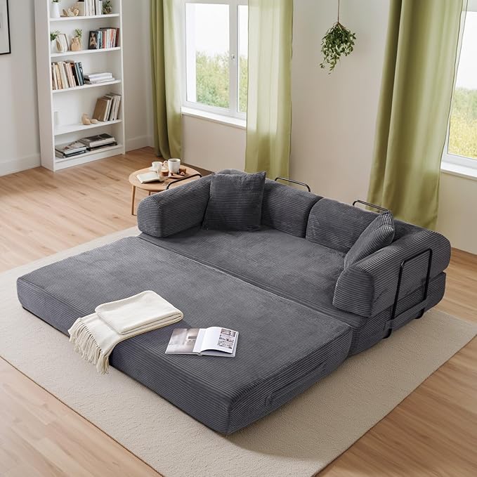 Antetek Convertible Futon Sofa Bed, 3-Seater Modern Corduroy Foam Floor King Size Bed Fold Out Sleeper Lounge Loveseat Sofa Couch with 2 Throw Pillows for Living Room Bedroom Guest Room, Light Grey