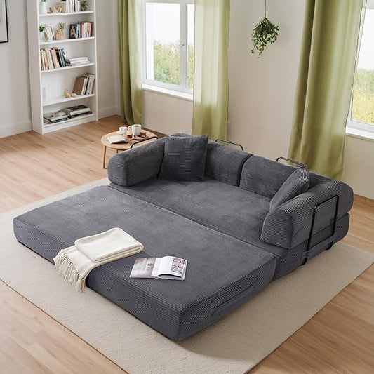 Antetek Convertible Futon Sofa Bed, 3-Seater Modern Corduroy Foam Floor King Size Bed Fold Out Sleeper Lounge Loveseat Sofa Couch with 2 Throw Pillows for Living Room Bedroom Guest Room, Light Grey