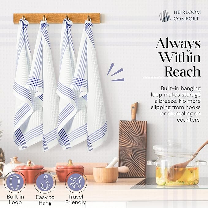 Indigo Blue and White Waffle Kitchen Towels 3 Pack, 16x26 Inch, 100% Cotton, Absorbent & Quick Dry Dish Towels, Soft & Durable Cloths for Cooking, Drying, Cleaning, Machine Washable