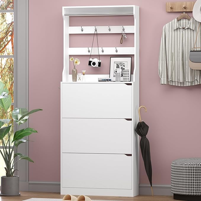 Shoe Cabinet with 3 Flip Drawers & Coat Rack, Narrow Hidden Shoe Storage Cabinet, 2-in-1 Hall Tree Slim Freestanding Shoe Rack Organizer for Entryway, Hallway, and Living Room