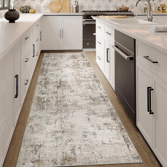 3x7 Washable Runner Rug Brown Grey Abstract Hallway Kitchen Throw Rug Neutral Modern Non Slip Soft Low Pile Carpet for Bathroom Laundry Bedroom Living Room