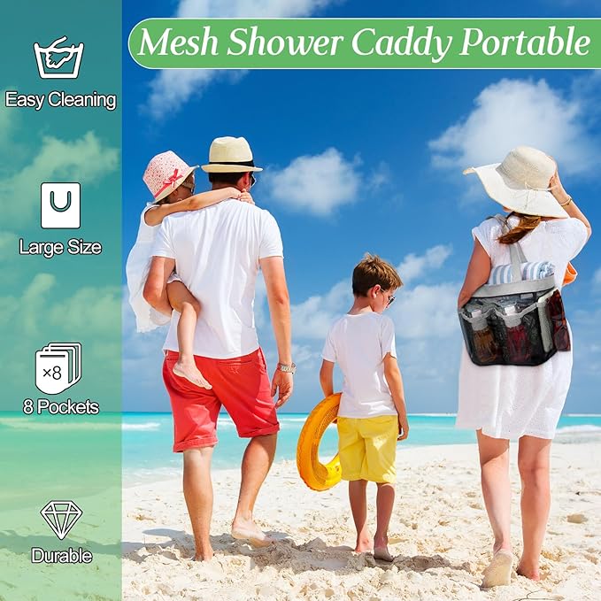 Hillban 4 Pcs Mesh Shower Caddy Portable Large Quick Dry Shower Caddy Basket with Deeper 8 Pockets and 2 Handles Hanging Bag for College Dorm Room(Gray)