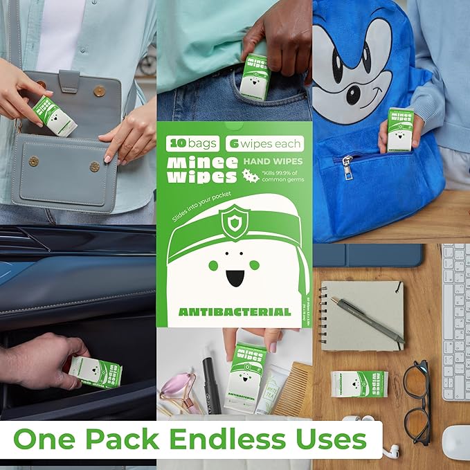 Impossibly Compact Travel Antibacterial Wipes Hand Sanitizer - 99.5% Water and Aloe - Safe for Sensitive Skin & Hypoallergenic Hand Wipes - Travel Essentials For Adults & Kids, 30 Pack Total 180 Wipe