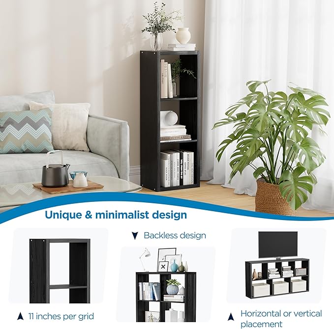 3 Cube Storage Organizer Single Row, Cube Shelf with Heavy-Duty Thick Boards, 13.31" L x 9.37" W x 36.93" H, Smooth Easy-Clean Panels, Simple Assembly, for Living Room Bedroom Office, Black