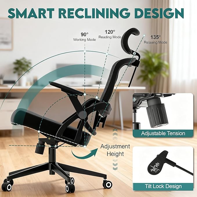 Ergonomic Office Chair - 400LB Comfy Desk Chairs with Adjustable Headrest and Lumbar Back Support, Mesh Computer Chairs with Wheels and Arms for Home Office, Study (218Black-With Headrest-New)