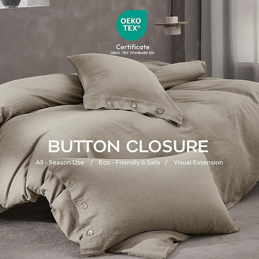 JELLYMONI 100% Washed Cotton King Pillowcases Set, 2 Pack Linen-Like Texture Breathable Pillow Covers with Button Closure,Pillows are not Included (King 20"×36", Taupe)