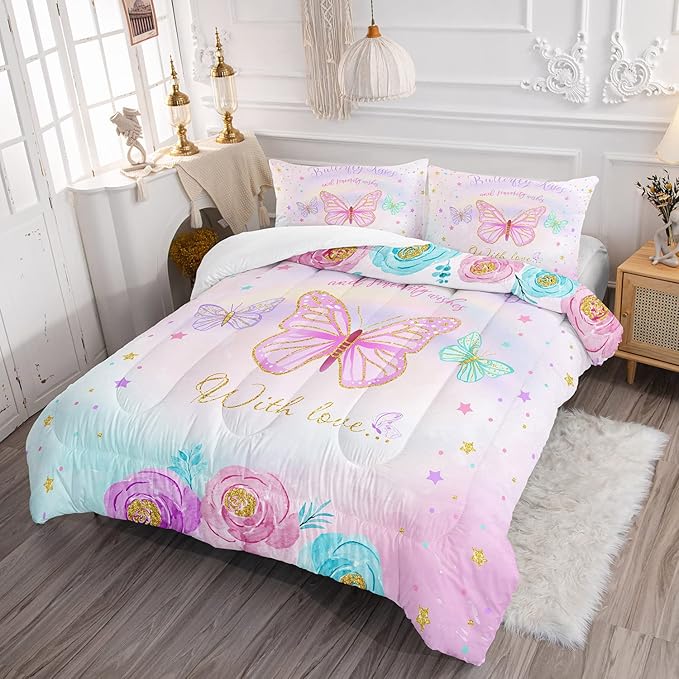 CVHOUSE Butterfly Bedding Set - Queen Size, 3 Piece Set with Comforter and 2 Pillow Cases