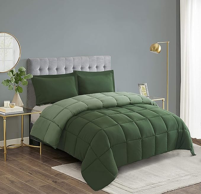HIG 3pc Green Twin/Twin XL Comforter Set - All Season Reversible Down Alternative Bedding Comforter - Quilted Duvet Insert with Corner Tabs - Box Stitched Blanket - Breathable, Soft, Fluffy