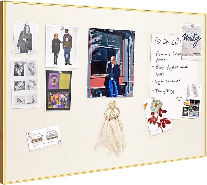 Bulletin Board 30 x 20 inches, Oatmeal White Pin Board Vision Board, Golden Aluminum Framed Fabric Cork Board with 10 Push Pins