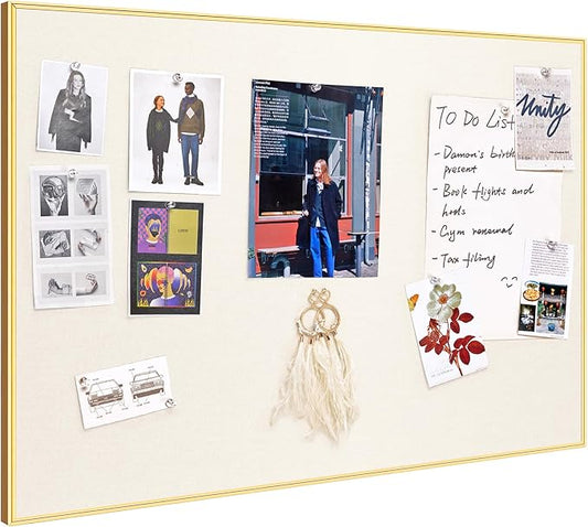 Bulletin Board 30 x 20 inches, Oatmeal White Pin Board Vision Board, Golden Aluminum Framed Fabric Cork Board with 10 Push Pins