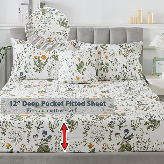 FADFAY Twin XL Sheets Set, 100% Percale Cotton Floral Dorm Bedding, Extra Long Twin Botanical Print Sheets & Pillowcases Yellow Flowers & Leaves, Breathable & Soft Wildflower Bedding for College