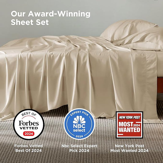 Bedsure Queen Sheet Set, Rayon Derived from Bamboo, Cooling Sheets, Deep Pocket Up to 16", Breathable & Soft, Hotel Luxury Silky Bedding for Hot Sleepers, Beige