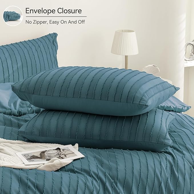 JELLYMONI Duvet Cover Full Size Grayish Blue - 3PCS Boho Striped Duvet Cover Set Polyester Tufted Bohemian Textured Comforter Cover 80×90in with Corner Ties & Zipper and 2 Pillowcases