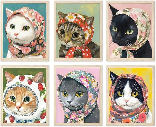 Funny Cat Poster Set of 6, Whimsical Babushka Cats Wall Art Eclectic Lover Cat Pictures Decor, Quirky Animal Pictures Canvas Painting Prints Aesthetic for Bedroom Living Room 12x16 inch Unframed
