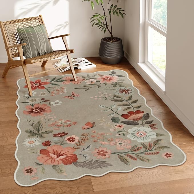 Lahome Floral Washable Rugs for Bedroom, 4X6 Area Rug Ultra-Thin Soft Living Room Rug, Non-Slip Classroom Stain Resistant Lightweight Boho Low-Pile Throw Carpet for ‎Office, Brown