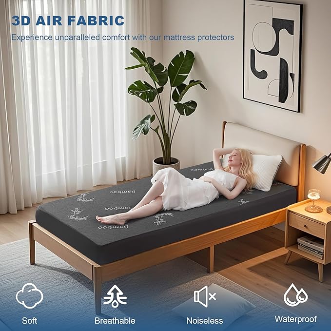 BEDLORE Twin XL Size Waterproof Mattress Protector Viscose Derived from Bamboo, Soft Mattress Cover Fitted with Deep Pocket 6"-15", Breathable Noiseless Mattress Pad, Machine Washable(Gray)