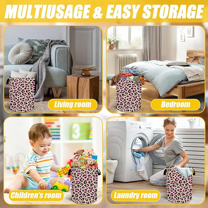 Brown Pink Leopard Laundry Basket,Foldable Oxford Cloth Funny Tote Bag Laundry Hamper Clothes Storage Bucket Toy Organizer For Bathroom Laundry Storage Bedroom 18.9x16.5