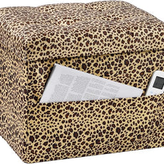 Storage Ottoman Foot Rest Stool, Small Velvet Storage Ottomans Bench, Folding Footstool with Side Pockets, Foot Rest Under Desk for Living Room Bedroom, 17x13x13 in, Leopard Print