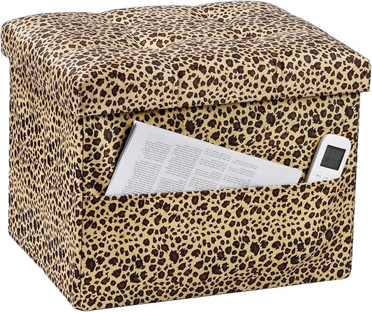 Storage Ottoman Foot Rest Stool, Small Velvet Storage Ottomans Bench, Folding Footstool with Side Pockets, Foot Rest Under Desk for Living Room Bedroom, 17x13x13 in, Leopard Print